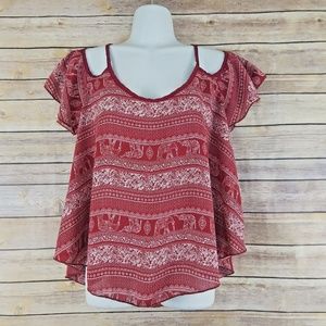 Elephant Print Cold Shoulder Blouse M Chiffon Top